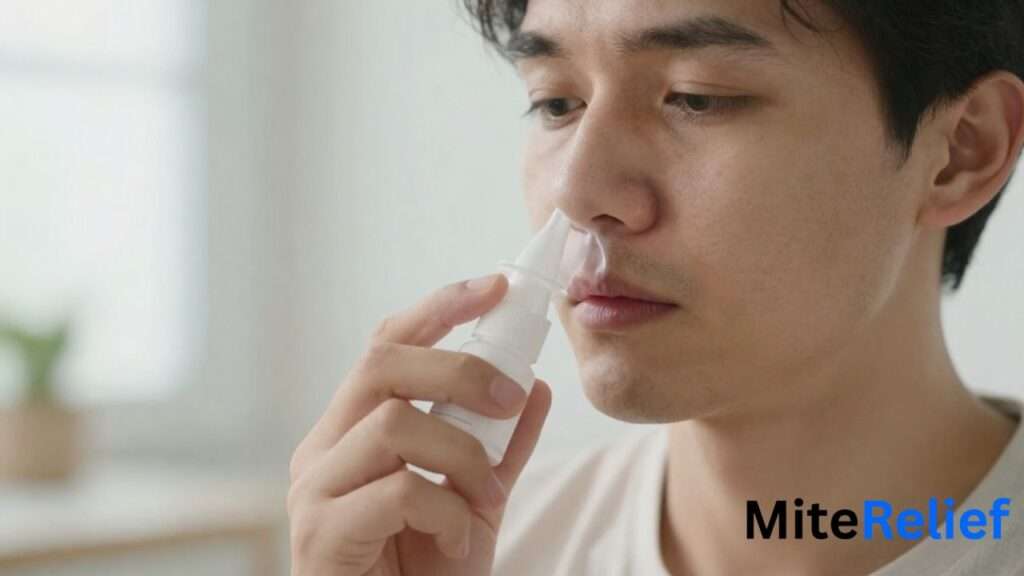 Nasal spray used to relieve dust mite allergy symptoms and nasal congestion