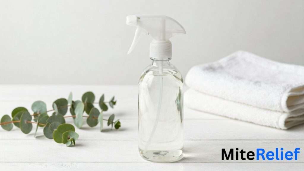 Natural dust mite spray with eucalyptus leaves and a glass spray bottle