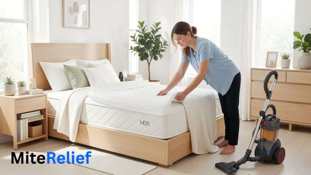 Using allergy-proof bedding and a HEPA vacuum to help prevent dust mite skin reactions