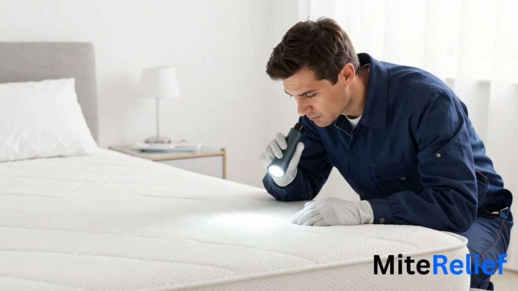 Pest control professional inspecting a mattress and bed frame for bed bugs.