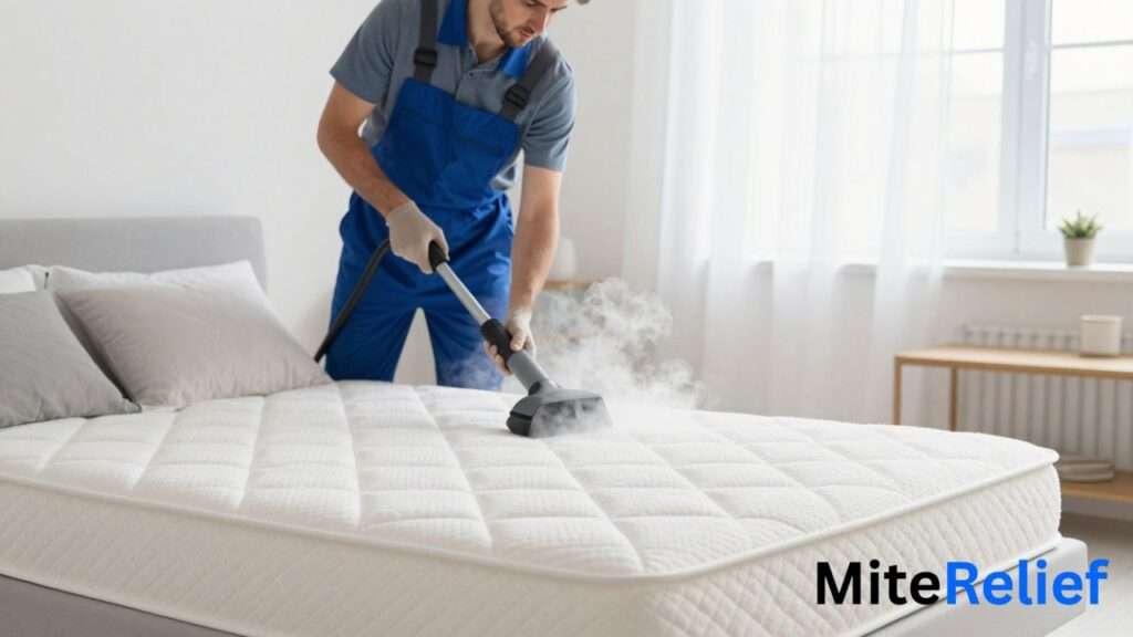 Professional steam cleaning treatment on a mattress to reduce dust mites and allergens.