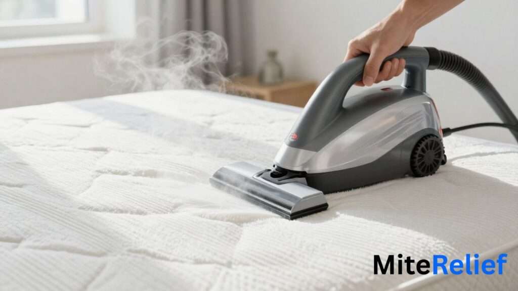 Steam cleaning a mattress with a handheld steam cleaner to kill dust mites