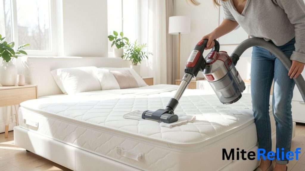Vacuuming a mattress with a HEPA vacuum before applying dust mite spray