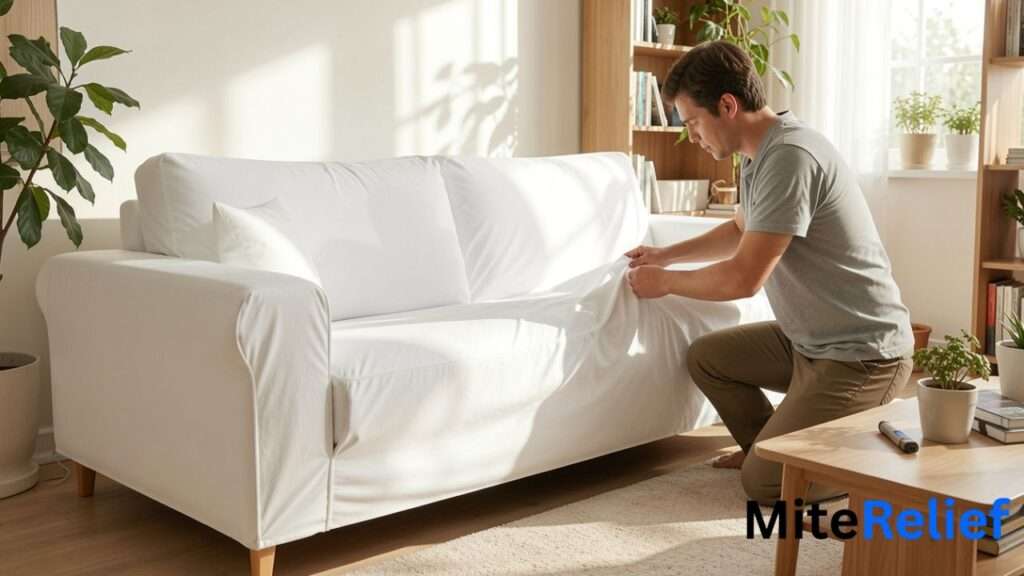 Washable sofa cover protecting upholstered furniture from dust mites