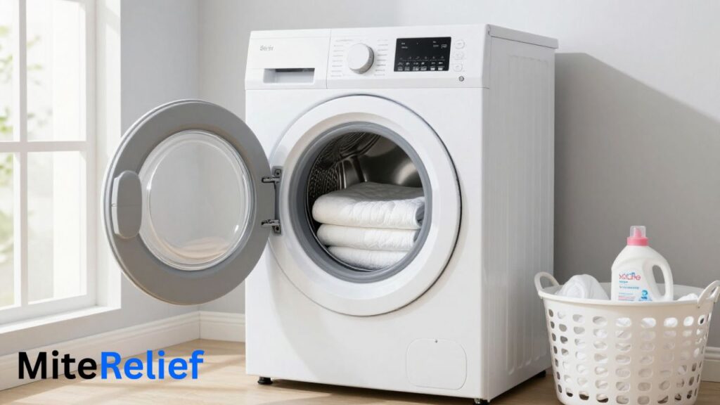 Washing a dust mite mattress encasement in a front-loading washing machine to reduce allergens.