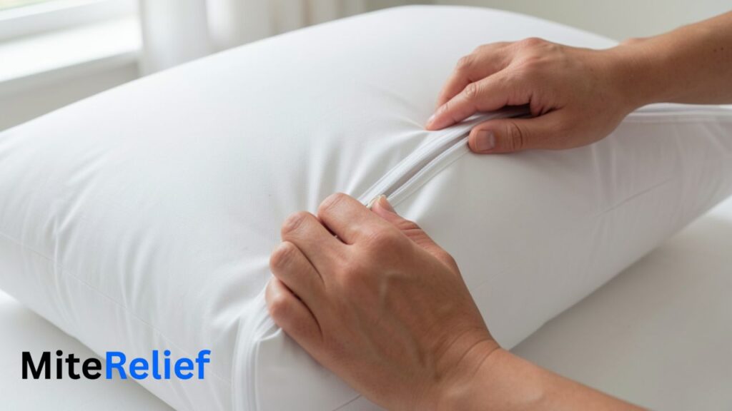 Full zippered dust mite protector being fitted over a pillow