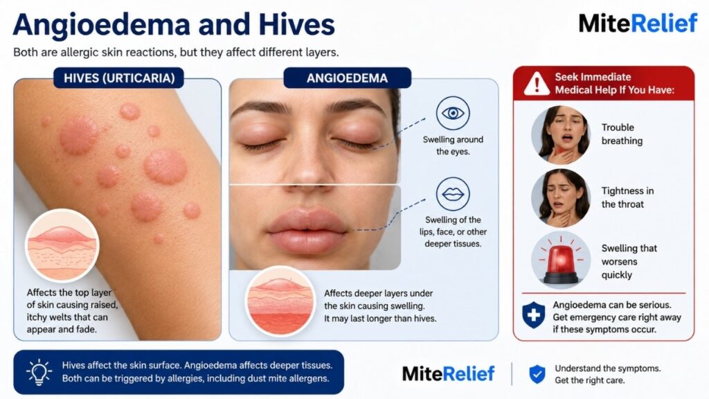 Medical illustration comparing hives with deeper swelling from angioedema around the lips and eyes