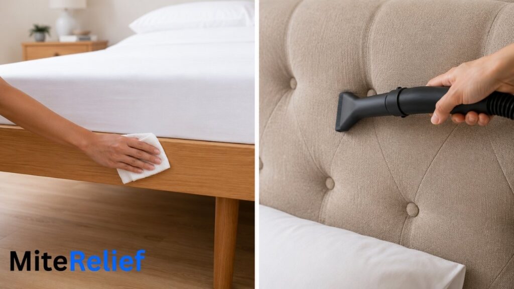 Wood bed frame and upholstered headboard compared for dust control