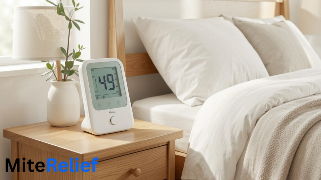 Indoor humidity meter beside bedding in a bedroom