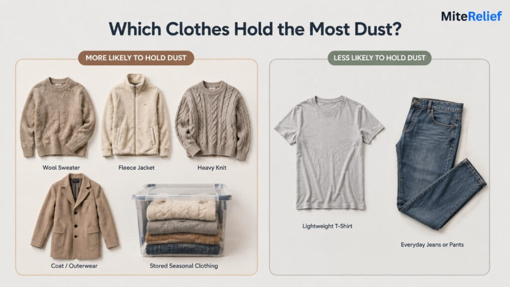 Comparison of wool fleece heavy knits and everyday clothes that hold dust