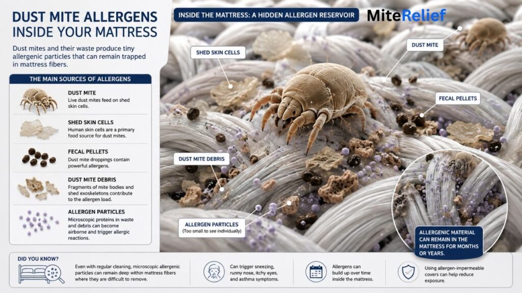 Dust mites, fecal pellets, debris and allergens trapped inside mattress fibers