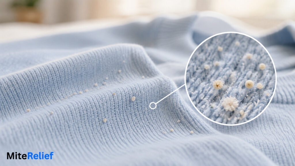 Close-up of dust mite allergens and dust particles on clothing fabric
