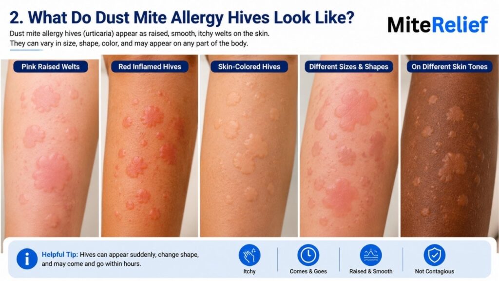 Close-up of raised smooth hives in different sizes and shapes on different skin tones
