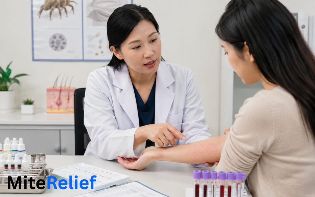 Doctor evaluating dust mite allergy as a possible eczema trigger