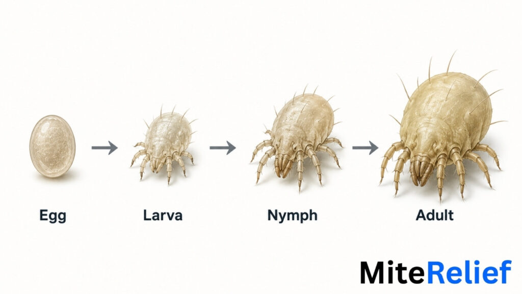 Dust mite life cycle from egg to larva, nymph and adult