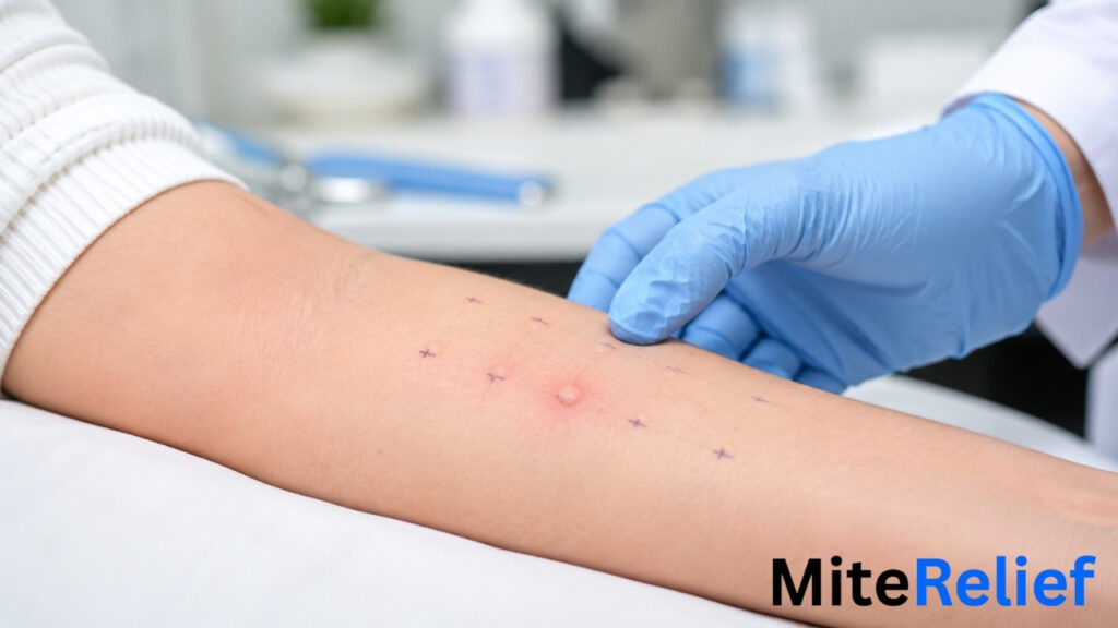 Dust mite skin prick test reaction on a patient's forearm