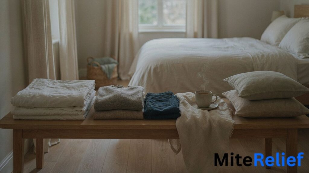 Bedding and fabrics that can carry dust mites between places