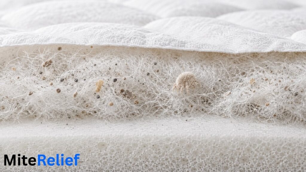 Dust mites and allergens collecting inside a mattress topper
