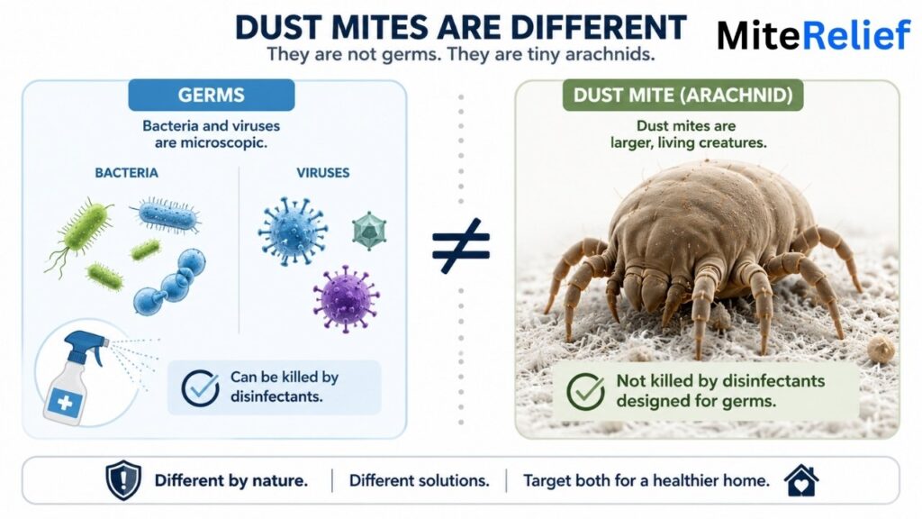 Comparison showing dust mites are different from bacteria and viruses targeted by disinfectants
