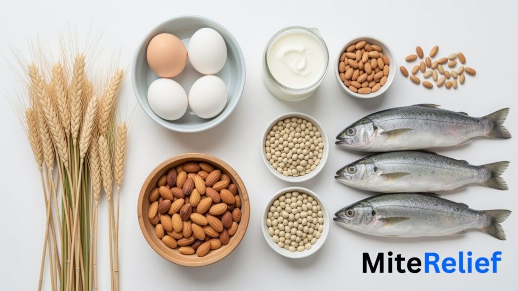 Wheat, dairy, eggs, nuts and fish shown as common foods