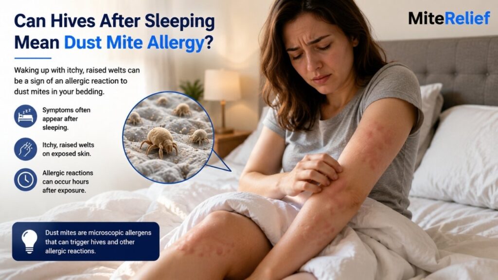 Person waking after sleep with itchy raised hives and dust mite allergens near bedding