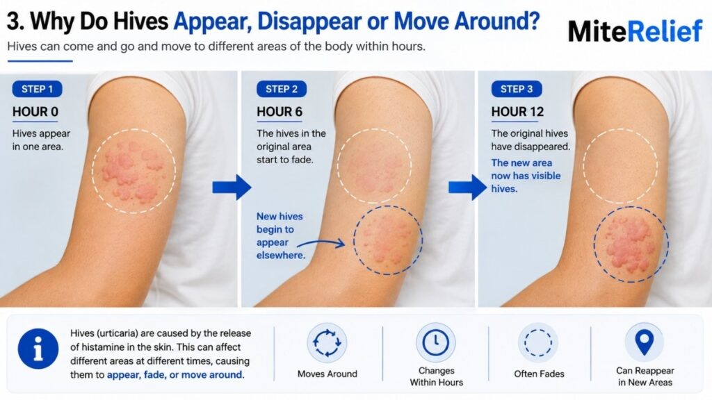Medical illustration showing hives appearing, fading, and reappearing in different locations