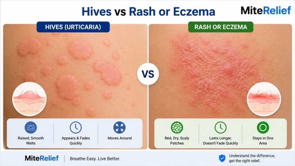 Side-by-side comparison of raised hives and a dry scaly eczema-like rash