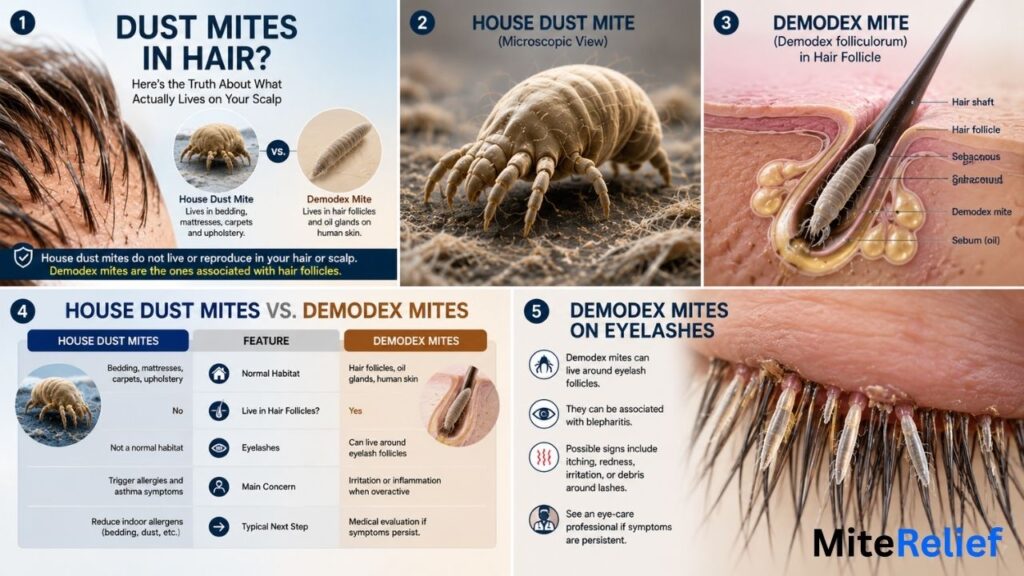 Comparison of house dust mites and Demodex mites, including their normal habitats