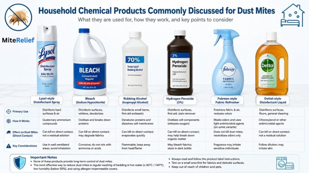 Comparison of household chemical products including Lysol bleach alcohol hydrogen peroxide and Febreze for dust mites