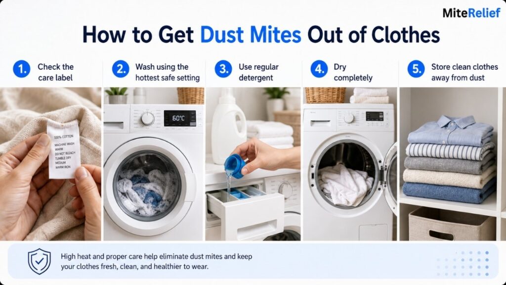 Steps for washing and drying clothes to remove dust mite allergens