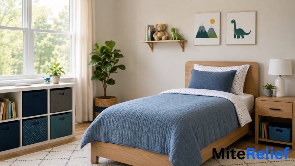 Child bedroom with stuffed animals stored properly to reduce dust mite exposure
