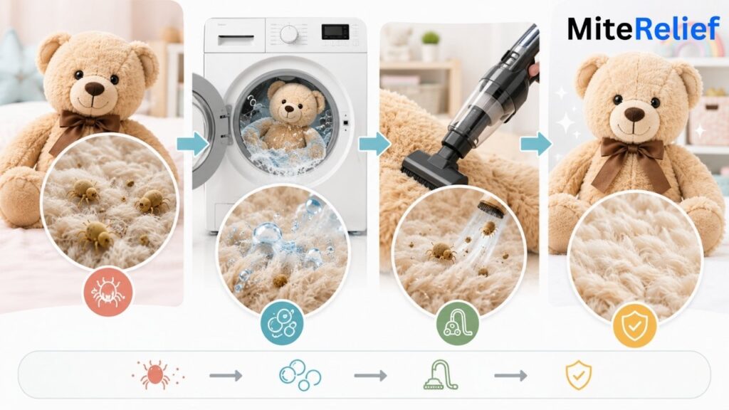 Cleaning stuffed toys to remove dust mite allergens from fabric