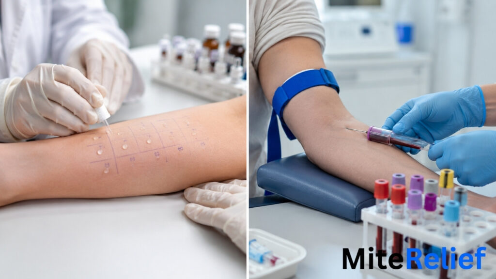 Skin prick allergy test and blood test shown side by side