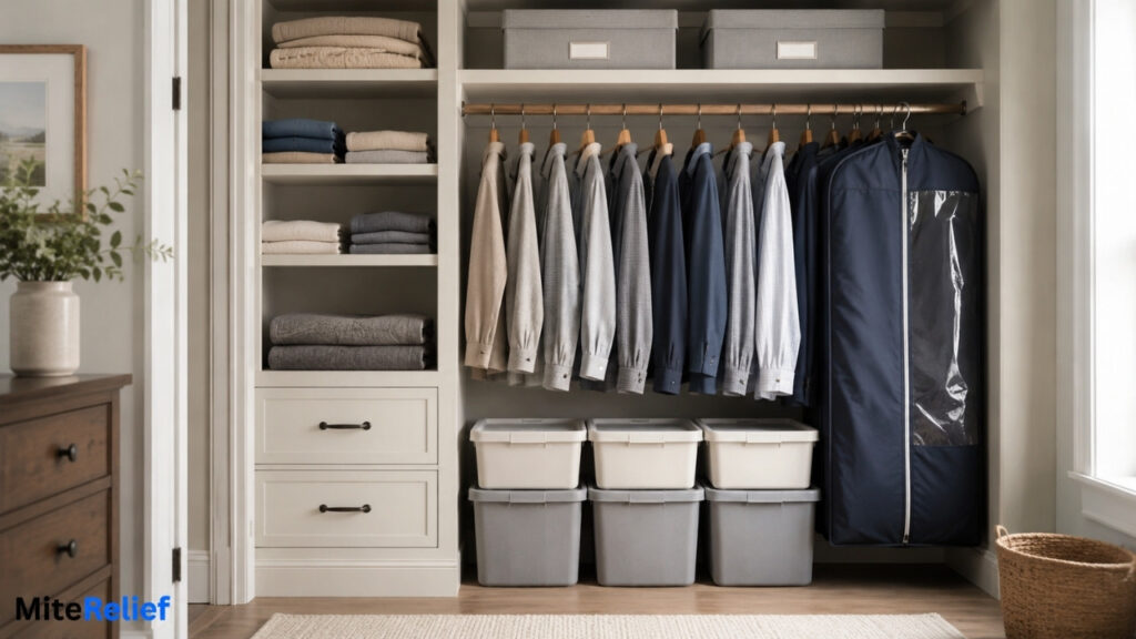 Clean organized wardrobe with closed storage bins and garment bags