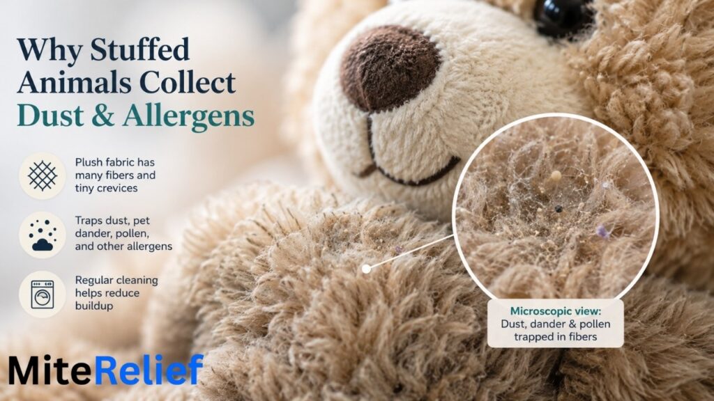 Close-up of stuffed toy fabric collecting dust mite allergens
