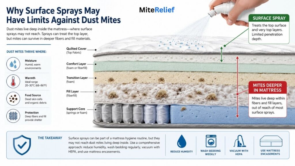 Illustration showing why surface sprays may not reach dust mites deep inside mattresses