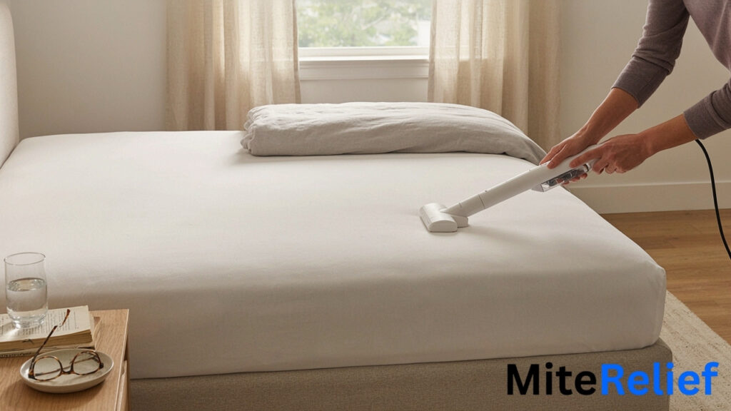 Vacuuming a mattress to reduce settled dust mite allergens