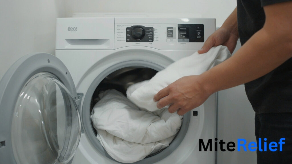 Bed sheets and pillowcases being washed for dust mite allergen control