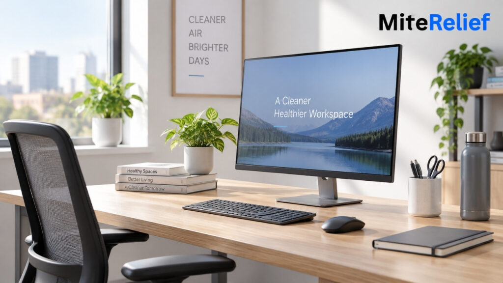 Clean office desk setup with minimal clutter to reduce dust mite exposure
