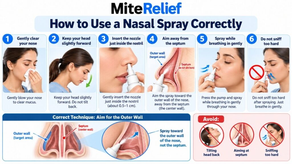 Step-by-step illustration showing the correct nasal spray technique and nozzle direction away from the nasal septum