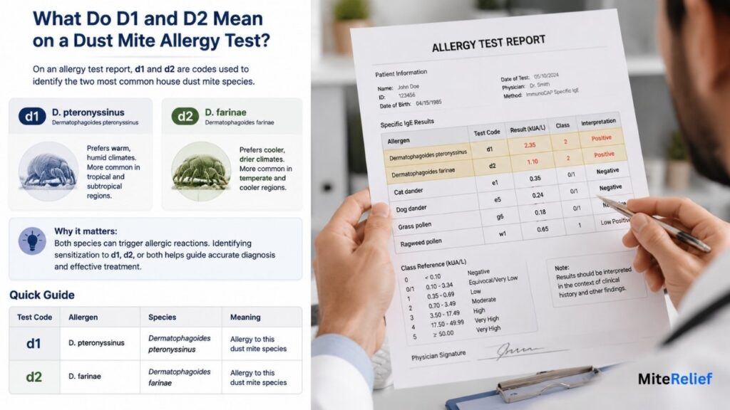 Medical allergy test report showing d1 Dermatophagoides pteronyssinus and d2 Dermatophagoides farinae results