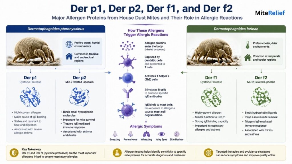 Scientific illustration showing Der p1 Der p2 Der f1 and Der f2 dust mite allergen proteins and immune response
