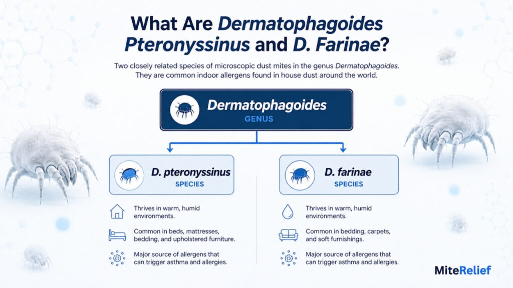 Educational taxonomy diagram showing Dermatophagoides genus with pteronyssinus and farinae species branches