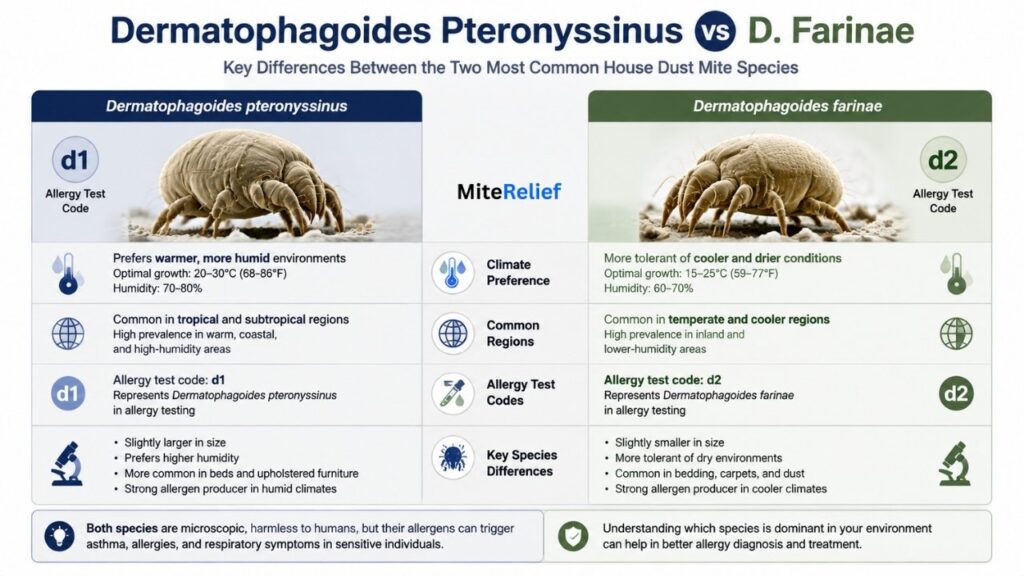 Side-by-side comparison of Dermatophagoides pteronyssinus and D. farinae climate, regions, and allergy test codes