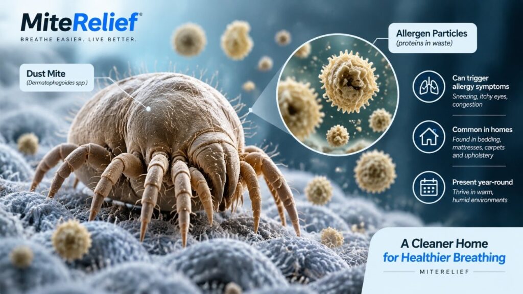 Microscopic dust mite with allergen particles on fabric fibers