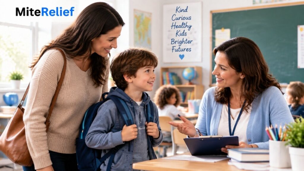 Child with backpack discussing dust mite allergy support with parent and teacher in a classroom