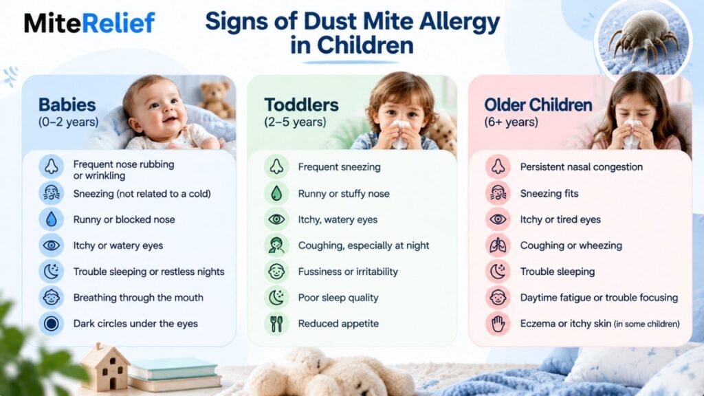 Infographic showing dust mite allergy symptoms in babies, toddlers, and older children by age group
