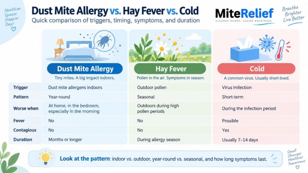 Dust mite allergy, hay fever, and cold comparison showing key differences in triggers and symptoms