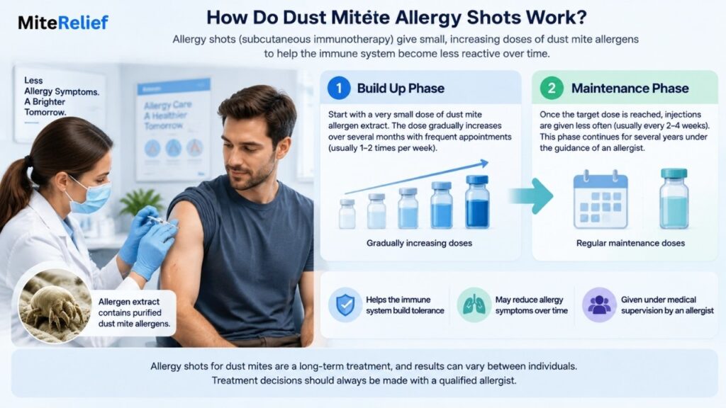 Subcutaneous immunotherapy allergy shots process showing build up and maintenance phases