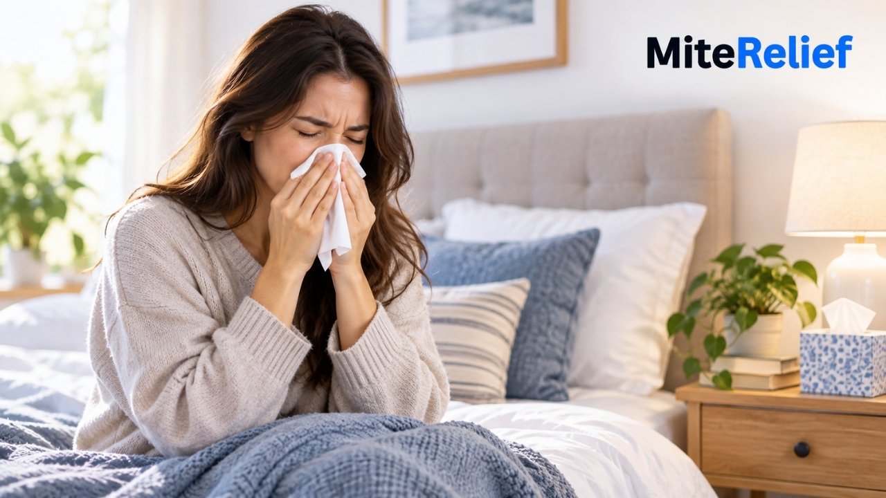 Person experiencing dust mite allergy symptoms at home with sneezing and itchy eyes